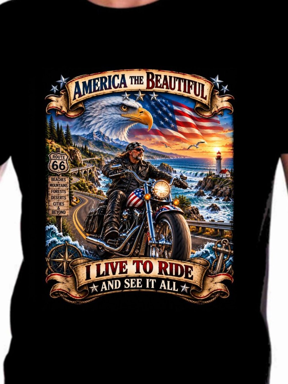 Motorcycle T Shirt America The Beautiful LEve To Ride 100% U.S. cotton. Yarn cou
